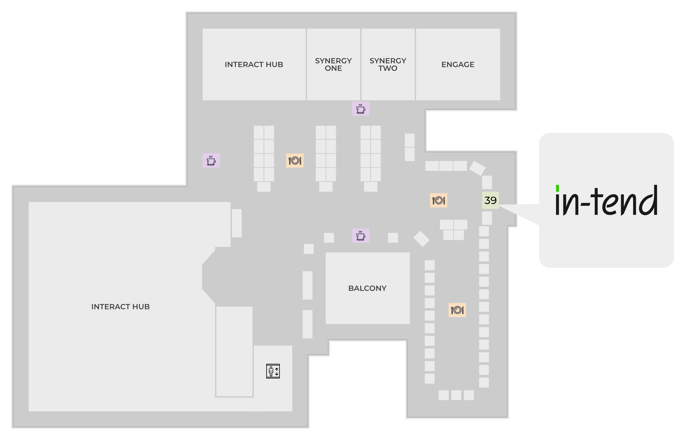 A map of the exhibition hall with In-tend highlighted on the right hand side on booth 39