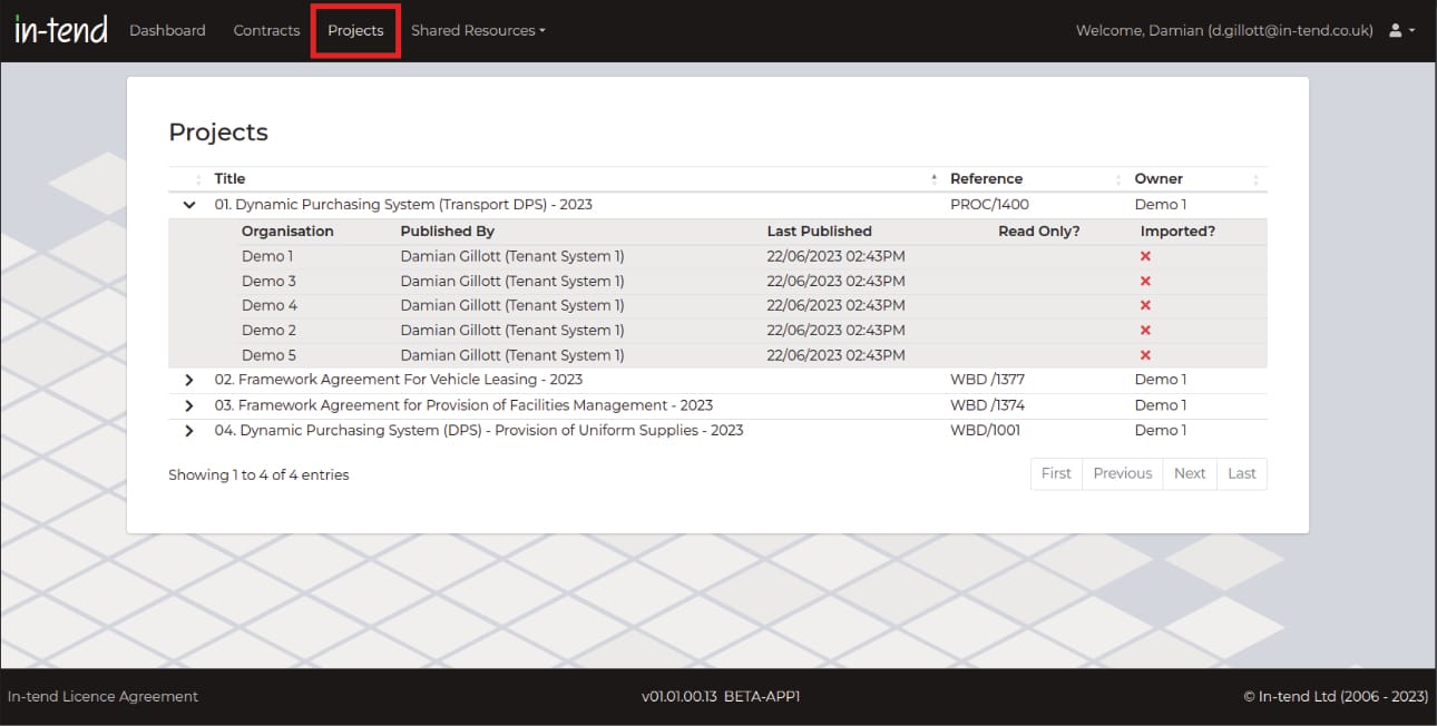 A screen shot of the In-tend Hub. The Projects nav item is highlighted and screen shows a table with a list of projects